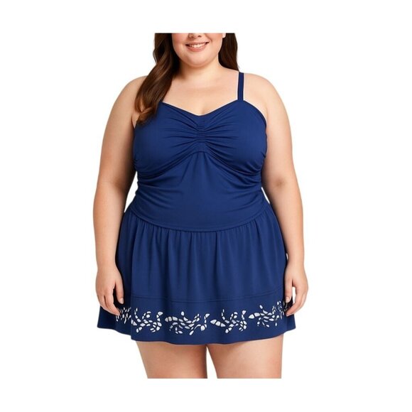 Denim & Co. Blue Ruching Swimdress Laser-Cut Hem Adjustable Straps Size 18W - Picture 1 of 9